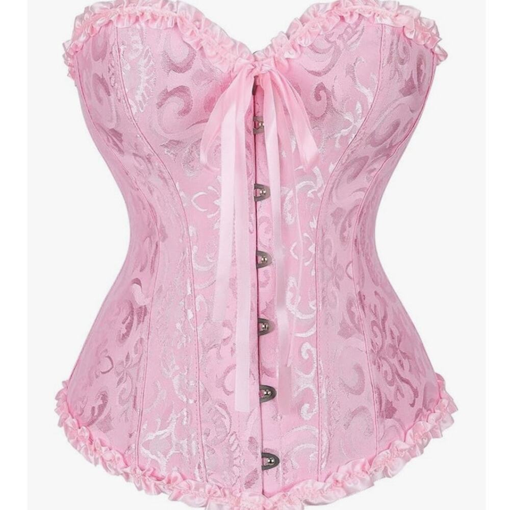 Pink Floral Jacquard Bustier Lace Up Corset Top Ruffle Hem Castle Fairy Small - Picture 2 of 14